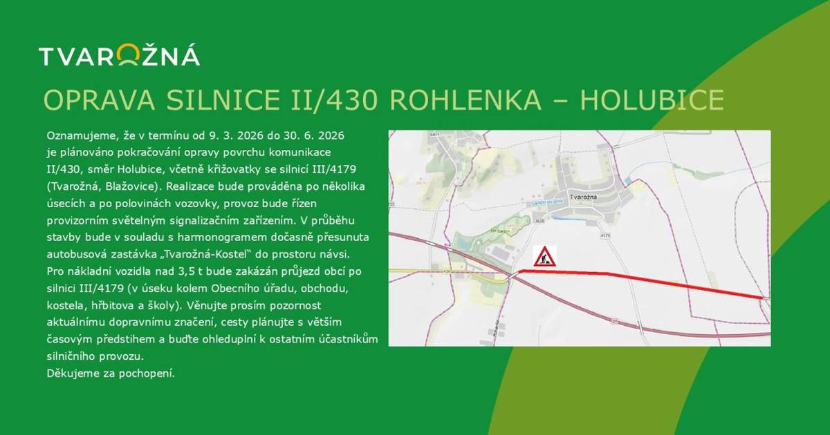 Plánovaná oprava silnice II/430 ROHLENKA - HOLUBICE,  9. 3. 2026 - 30. 6. 2026