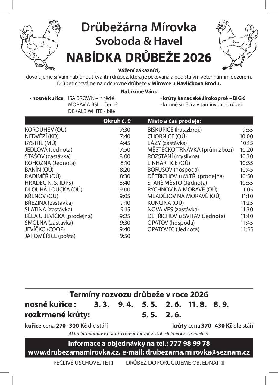Roční rozpis prodeje drůbeže - Drůbežárna Mírovka