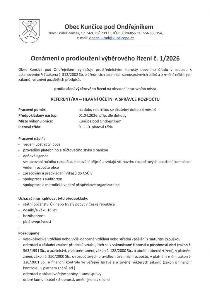 prodlužuje výběrové řízení na pozici referent/ka - hlavní účetní a správce rozpočtu