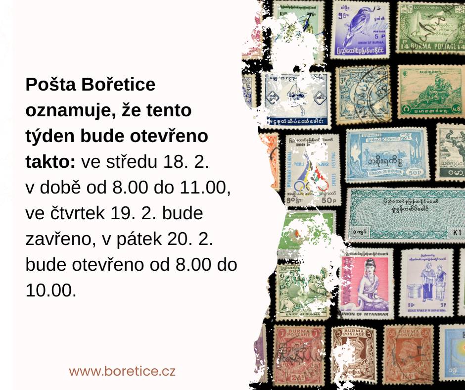 Vážení spoluobčané, upozorňujeme na upravenou otevírací dobu České pošty v tomto týdnu.