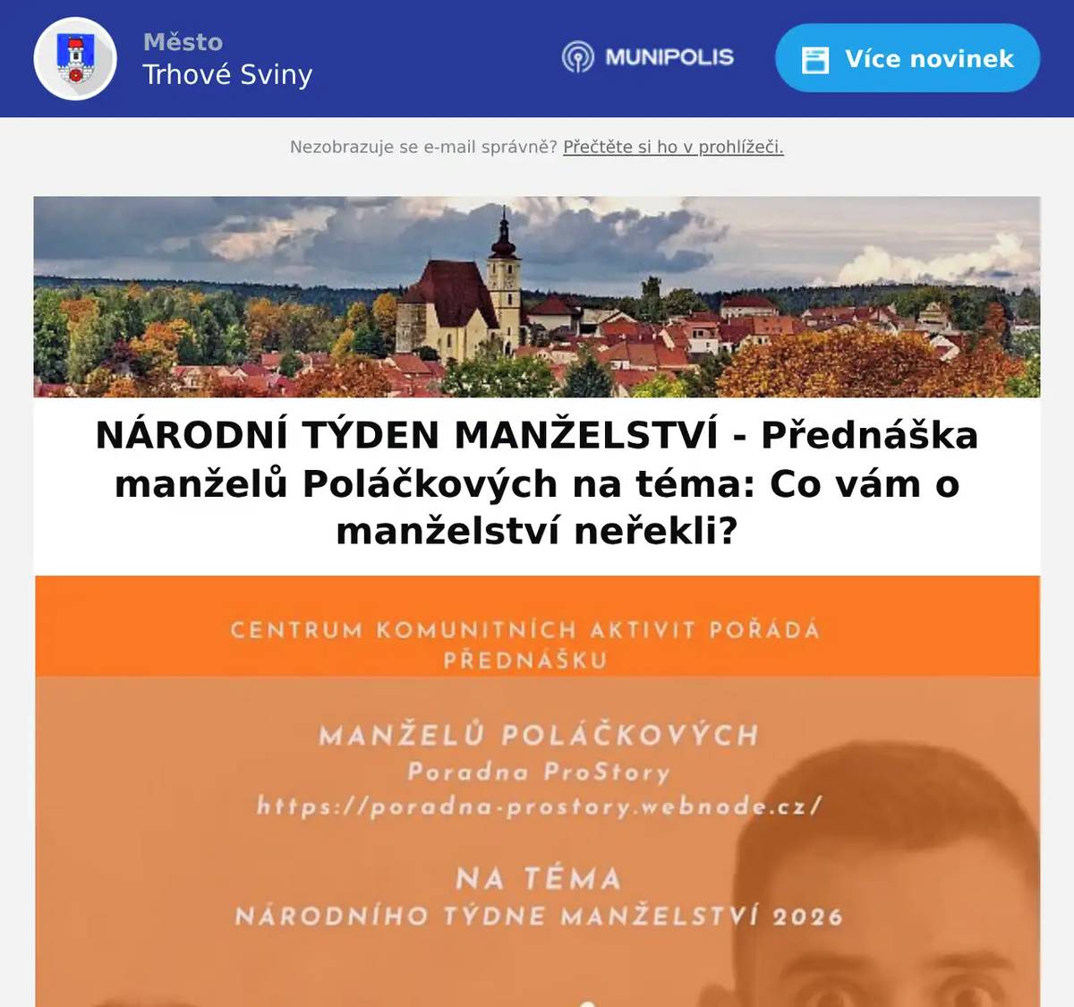V rámci NÁRODNÍHO TÝDNE MANŽELSTVÍ vás zveme na přednášku manželů Poláčkových na téma "Co vám o manželství neřekli?". Pojďme budovat dobrá manželsví, jako základ pro zdravou rodinu.