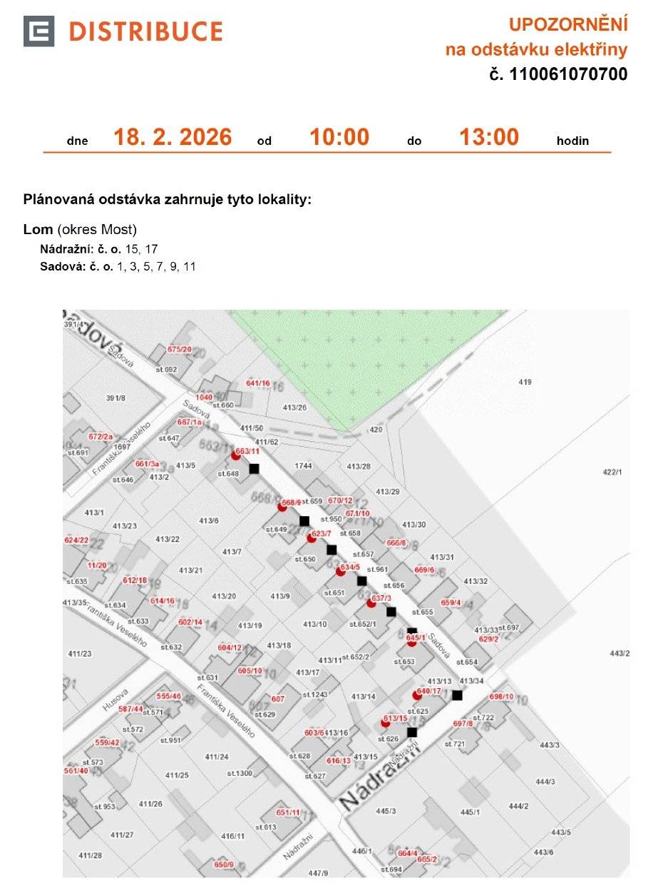 Zveřejněné odstávky - Nádražní - Sadová - Husova - Františka Veselého