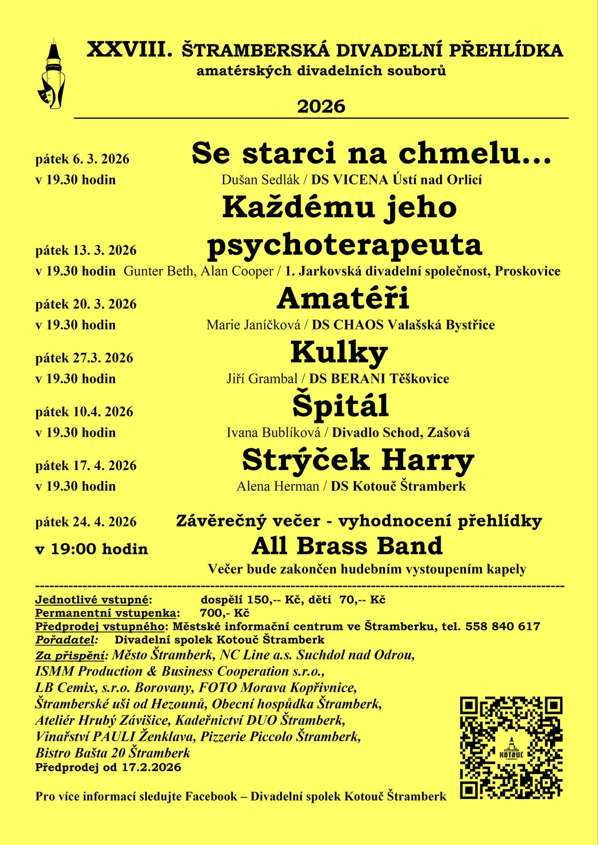 Vážení přiznivci Štramberské divadelní přehlídky, zítra bude spuštěn předprodej lístků na letošní ročník. Bude probíhat v Městském informačním centru ve Štramberku.