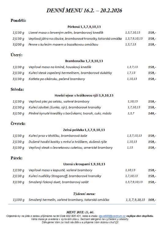Pondělí 16.2. - pátek 20.2.2026