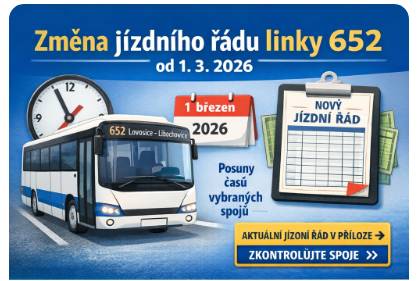 Informujeme občany, že od neděle 1. 3. 2026 dochází ke změně jízdního řádu autobusové linky 652 Lovosice – Chotěšov – Libochovice.