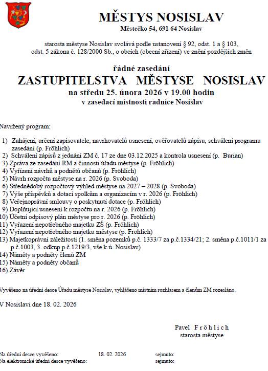 Pozvánka na zastupitelstvo dne 25.2.2026