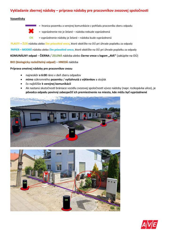 V deň zberu odpadu je potrebné pripraviť smetné nádoby najneskôr o 6:00 ráno. Nádoby musia byť umiestnené mimo súkromného pozemku a čo najbližšie k verejnej komunikácii.