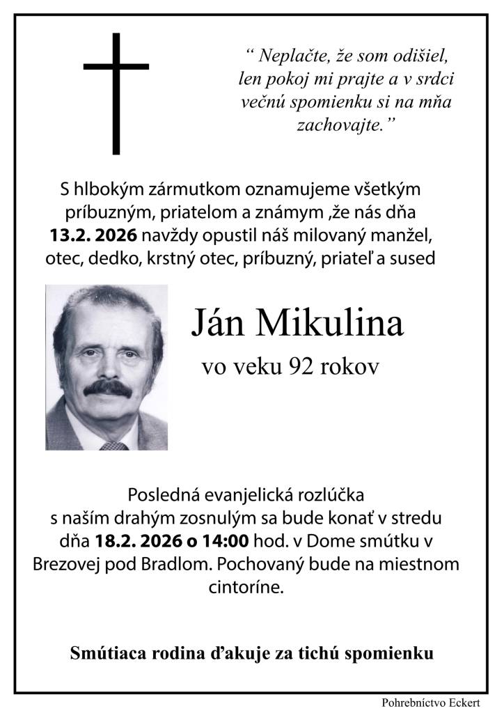 Smútočné oznámenie - Ján Mikulina