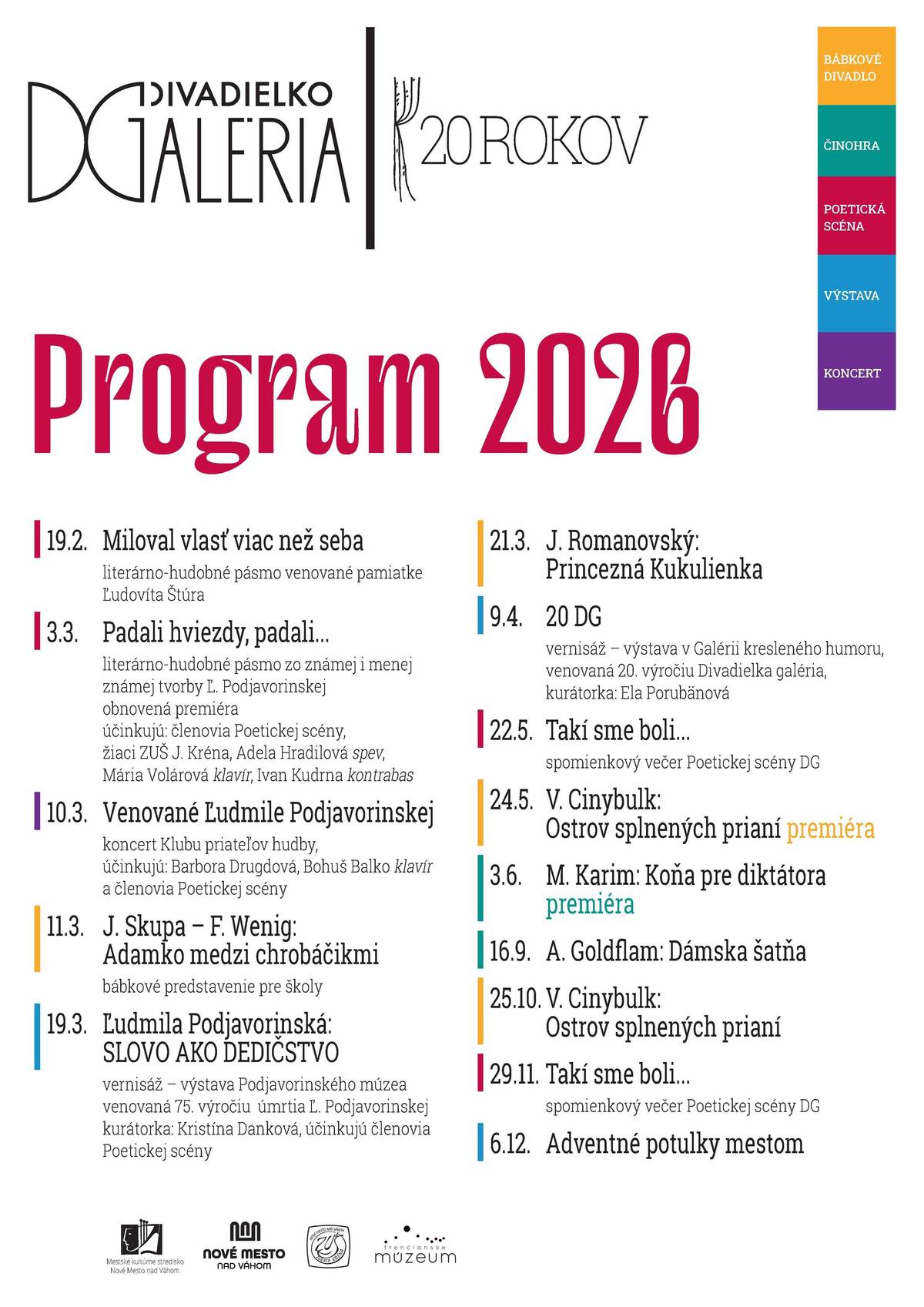 20 ROKOV DIVADIELKO GALÉRIA V zrekonštruovaných priestoroch Mestského kultúrneho strediska v Novom Meste nad Váhom, z iniciatívy a podpory vtedajšieho riaditeľa MsKS akad. mal Jána Mikušku, bola umiestnená stála expozícia novovzniknutej Galérie Petra Matejku. Súbežne s ňou vzniklo v decembri 2006 Divadielko galéria. Divadielko galéria je najmladším divadelným súborom vo viac ako 150-ročnej histórii novomestského ochotníckeho divadla. Príďte si spolu s nami zaspomínať na 20 ročnú cestu nadšených divadelníkov, pestrých bábok, poetických textov a hier. ĽUDMILA PODJAVORINSKÁ výročie 75. rokov od úmrtia Tri programy v spolupráci s Divadielkom galéria, ZUŠ J. Kréna a Podjavorinským múzeom, venované spomienke na významnú rodáčku spod Javoriny, obľúbenú detskú spisovateľku, pri príležitosti 75. výročia od jej úmrtia: literárno-hudobné pásmo, koncert Klubu priateľov hudby a výstava mapujúca jej život a dielo.   MILOVAL VLASŤ VIAC NEŽ SEBA (19.2.2026) Miloval vlasť viac než seba  je hudobno – poetický  komponovaný program venovaný spomienke na jedného z najväčších mužov nášho národa,  na Ľudovíta Štúra. Nenásilným spôsobom predstavuje    divákom tohto velikána našich dejín  ako národovca , básnika , politika ,autora poézie a človeka, ktorý musí riešiť i bežné životné problémy  ako sú  rodina , láska . Spôsobom , ktorý zaujme sprevádzame Štúra jeho síce krátkym ale búrlivým životom, jeho snahu o zlepšenie postavenia chudobného ľudu, snahu o uzákonenie spisovnej slovenčiny, ale sledujeme i jeho lásky, ktoré obetoval národu .   PADALI HVIEZDY, PADALI..(3.3.2026) Ľudmila Podjavorinská-Riznerová je široko známa svojou tvorbou pre deti. Menej sa už vie o jej  poviedkach a baladách, veršovanej epike, spevoch o kráse a sile života, ale aj o samote  a najmä o jej intímnej lyrike. Práve z tejto tvorby Ľudmily Podjavorinskej je zostavené literárno-hudobné pásmo Padali hviezdy, padali…, kde hovorené slovo zahŕňa jej poéziu a listy blízkym, v ktorých poodhaľuje svoje duševné nastavenie a hudobnú zložku reprezentujú básne zhudobnené Máriou Volárovou.