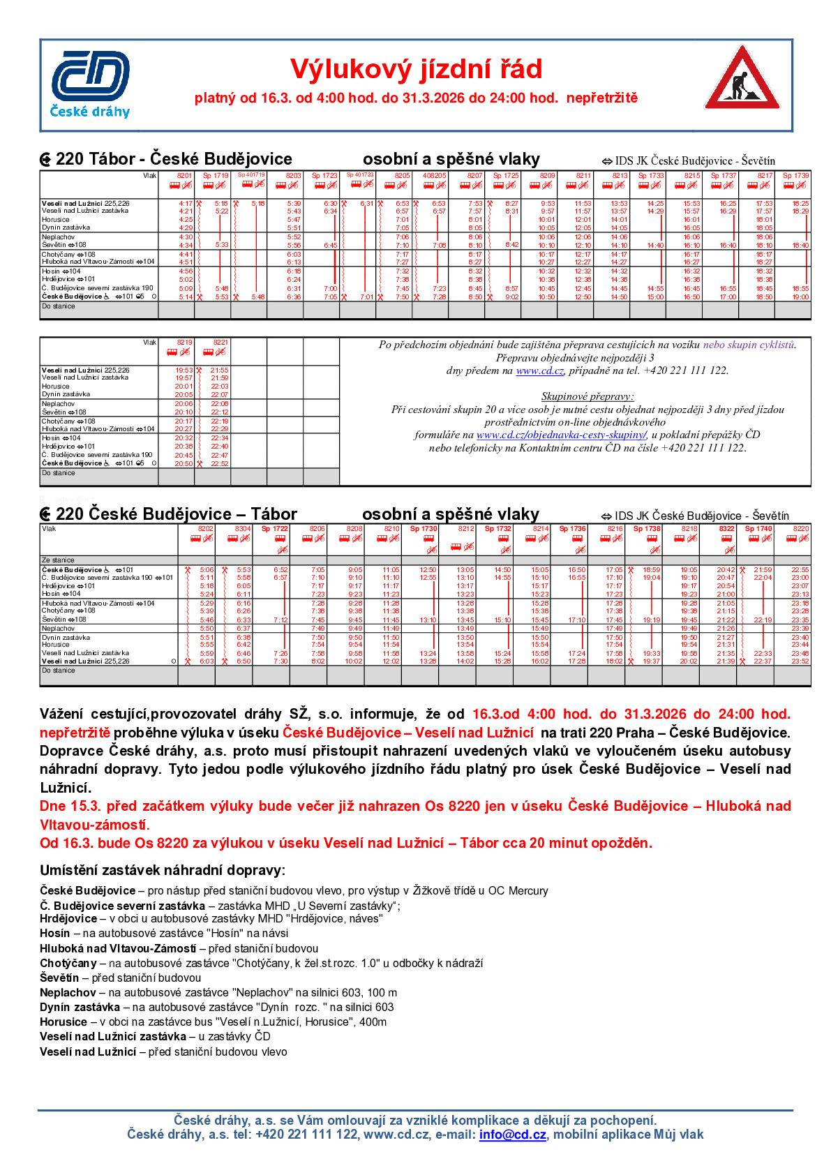 Vážení cestující, provozovatel dráhy SŽ, s.o. informuje, že v měsících březnu a dubnu 2026 proběhne v úseku Č.Budějovice - Veselí nad Lužnicí na trati 220 - Č.Budějovice - Tábor (a zpět) výluka. Dopravce České dráhy, a.s. proto musí přistoupit k níže uvedeným opatřením: