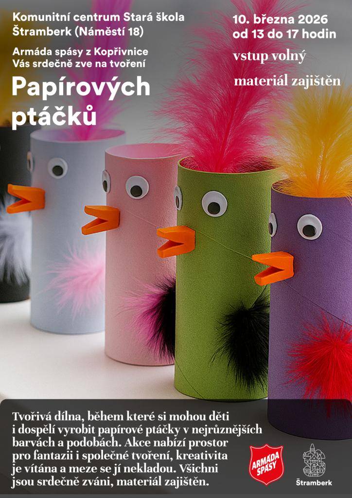 Tvořivá dílna, během které si mohou děti i dospělí vyrobit papírové ptáčky v nejrůznějších barvách a podobách.    Vstup volný.  Materiál zajištěn.