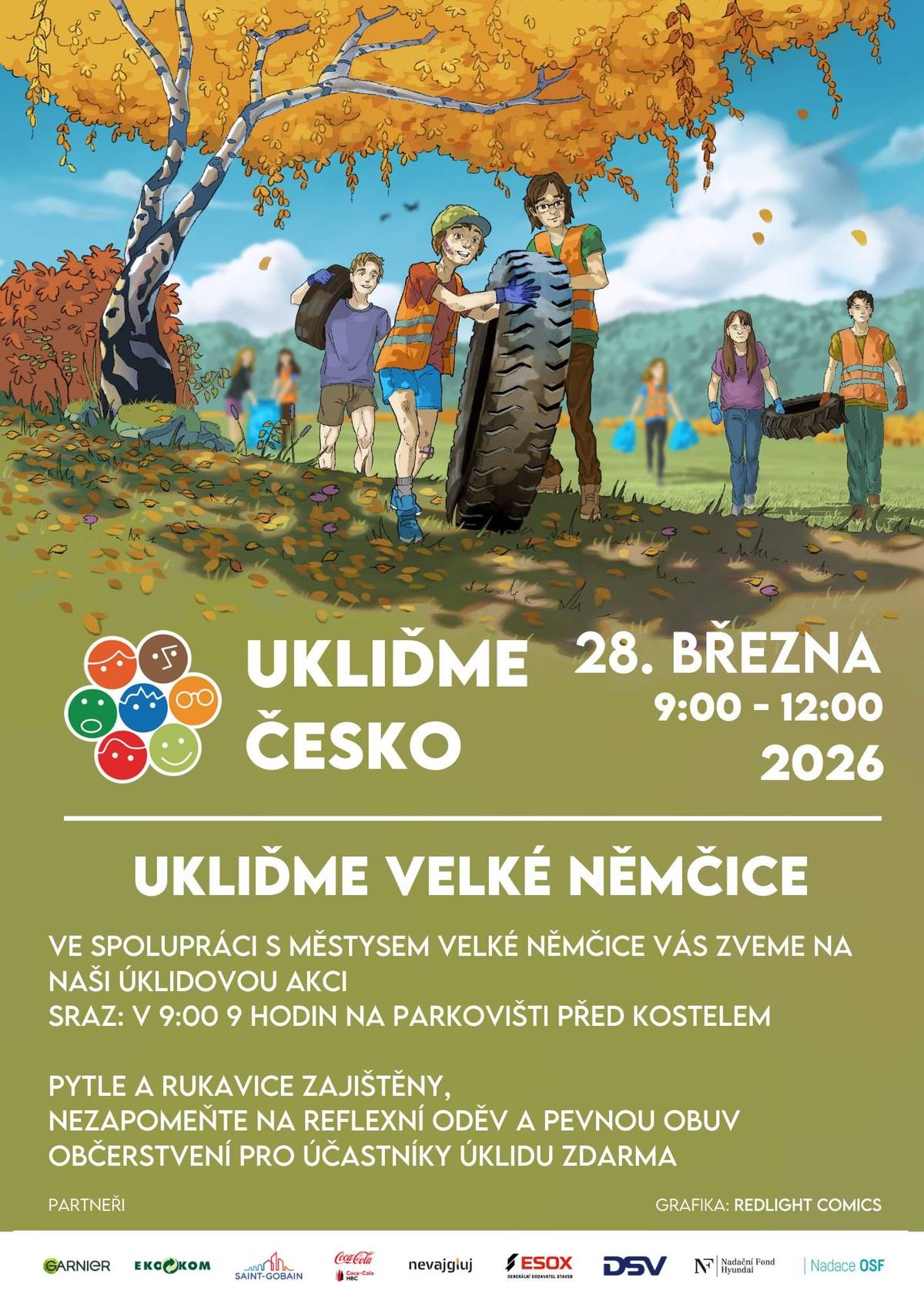 Městys Velké Němčice spolu se spolkem Ukliďme Česko z.s., pořádá v sobotu 28.března DEN ZEMĚ 2026, aneb Ukliďme Velké Němčice. Začátek akce je v 9,00 na parkovišti u kostela. S sebou si vemte dobrou náladu, pevnou obuv a reflexní oblečení. Děkujeme, že Vám není jedno, kde žijeme.