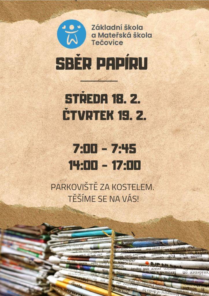 Dne 18. a 19.února proběhne sběr starého papíru.  K dispozici budou 2 kontejnery. Jeden bude umístěn na parkovišti za Kostelem a bude otevřen v ranních hodinách: od 7 do 7:45 a v odpoledních hodinách od 14 do 17 hodin.   Druhý kontejner bude umístěn na Návsi obce a bude otevřen nepřetržitě.
