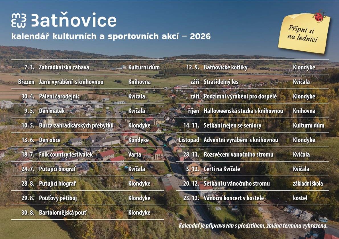 I pro letošní rok jsme pro Vás připravili kalendář připravovaných akcí. V papírové formě jej můžete vyzvednout na obecním úřadě.