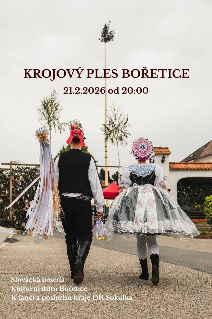 Stárci a chasa Vás srdečně zvou na tradiční krojový ples, který se uskuteční v sobotu 21. února 2026 od 20:00 hodin v kulturním domě v Bořeticích. Celý večer bude k tanci a poslechu hrát DH Sokolka ze Šakvic. Můžete se také těšit na bohatou tombolu.