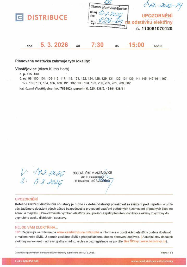 Plánovaná odstávka elektřiny - čtvrtek 5.3.2026 od 7:30 do 15:00 hodi