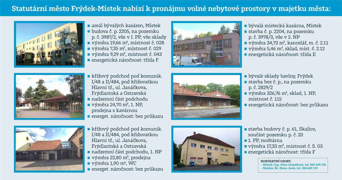 Sháníte volný nebytový prostor ve Frýdku-Místku? Nabízíme Vám k pronájmu volné nebytové prostory v majetku města. Pro více informací kontaktujte paní Ing. Alici Lhotákovou (Místek – 558 609 176) a paní Bc. Hanu Janů (Skalice – 558 609 174). NEBYTOVÉ PROSTORY K PRONÁJMU | Frýdek-Místek