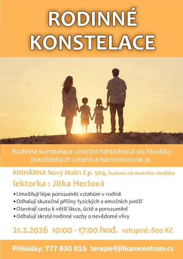 Rodinné konstalace s lektorkou Jitkou Heclovou v Knihárně. Sobota 21. 2. 2026 od 10  do 17 hodin. Cena 800,- Kč. Rezervace na terapie@jitkamcentrum.cz nebo 777 830 015