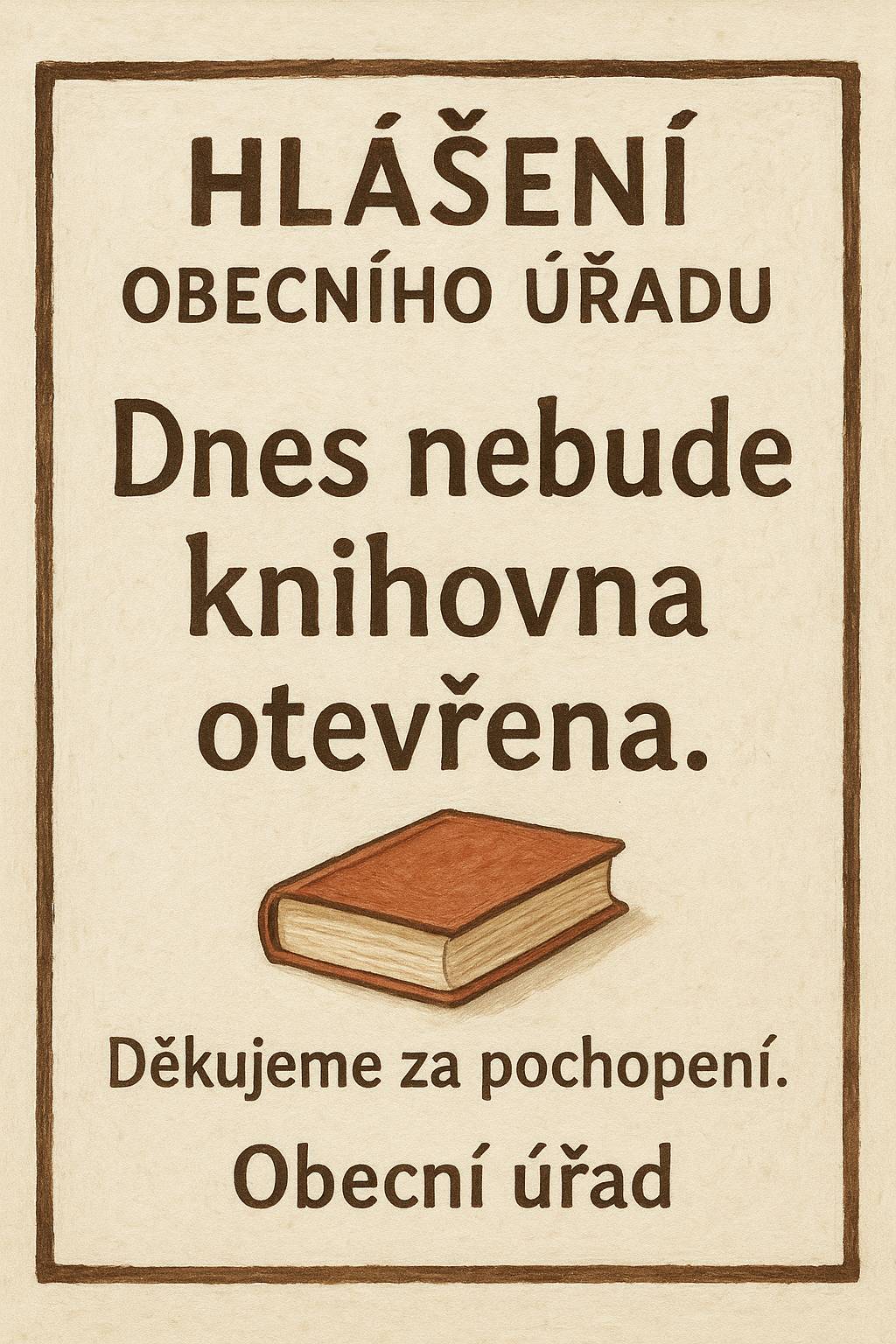 Vážení občané, dovolujeme si Vás informovat, že dnes nebude knihovna otevřena. Děkujeme za pochopení.