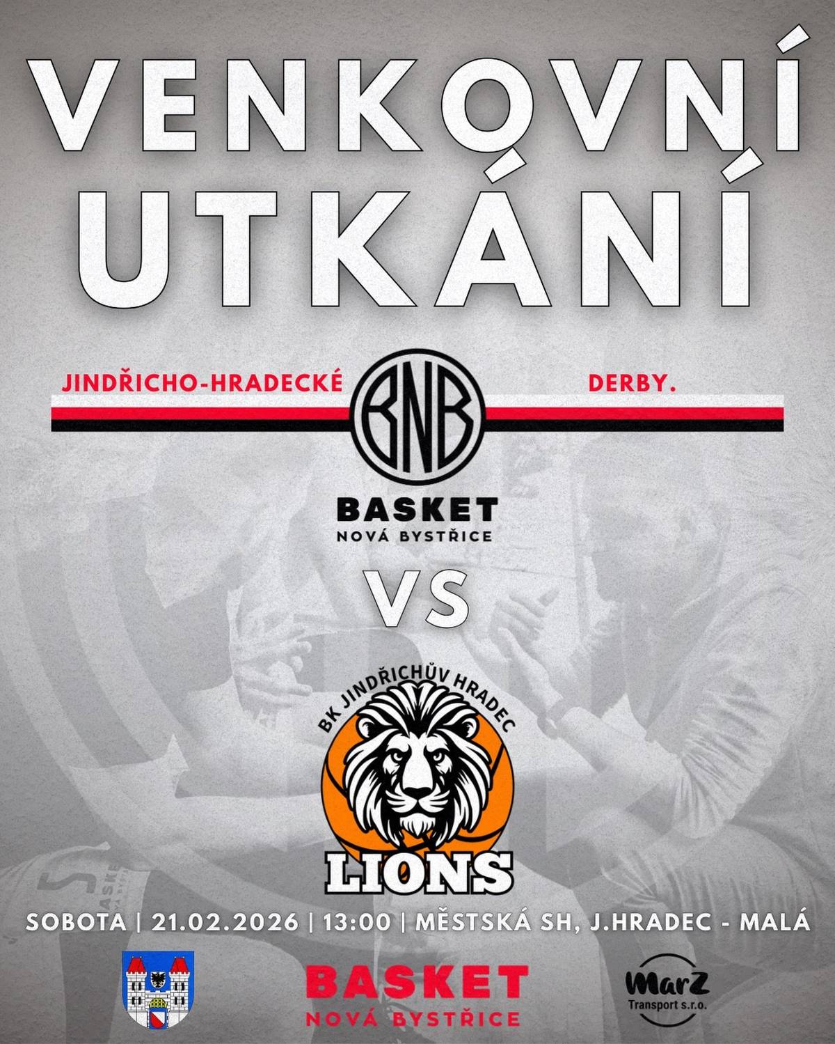 Tým Basket Nová Bystřice vás zve na venkovní zápas do Jindřichova Hradce! Proti BK Lions Jindřichův Hradec se postaví už v sobotu 21. února 2026 od 13.00 hodin v malé městské sportovní hale. Přijďte vytvořit domácí atmosféru i venku!