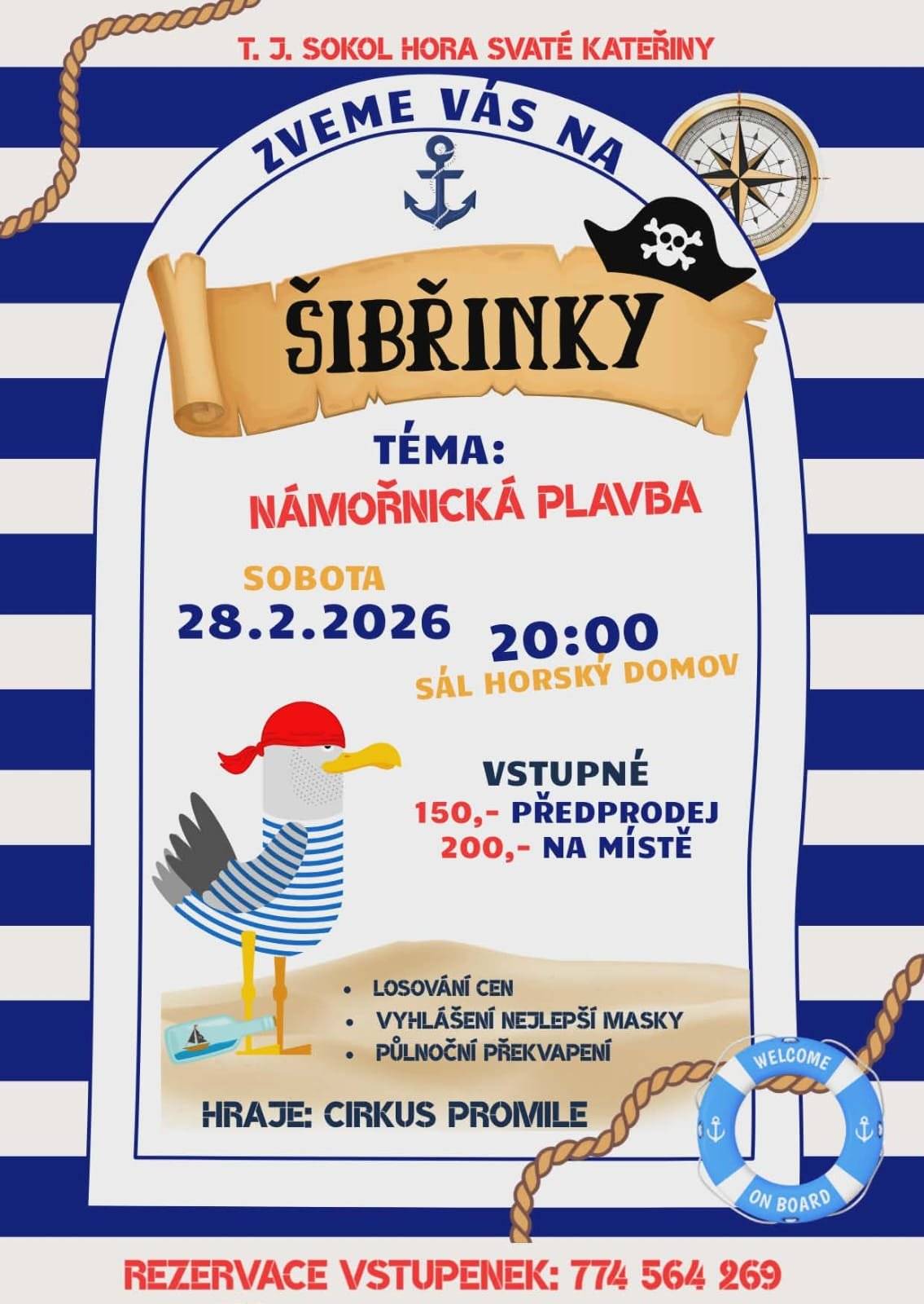 Ahoj všem suchozemským krysám!My neohrožení mořští vlci ve spolupráci s Horským domovem vás zveme na palubu naší improvizované lodi na zdejším sále.Čeká vás bouřlivá plavba od 20:00 do noci s kapelou Cirkus Promile, zábavné vstupy ochotníků z Dlouhé48, losování a půlnoční překvapení.Oblečte se na plavbu pohodlně a v námořnickém stylu, vítáni jsou nejen plavčíci a kapitáni, ale i mořské panny, hvězdice, vraky, potápěči či truhly s pokladem. Prostě vše, co k moři patří.A dejte si záležet, budeme vyhlašovat nejlepší masku a ta neodejde s prázdnou.Palubní lístky jsou již v předprodeji u samotného Poseidona (sms 774 564 269) za 150 Kč, na místě pak za 200 Kč.Těšíme se 28. 2. ve 20:00 na sále Horského domova, kurz nastaven směrem dobrá zábava.