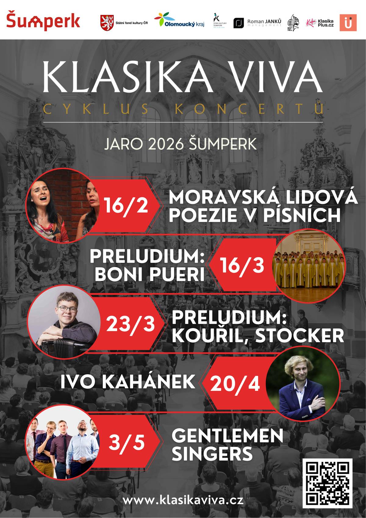Koncertní cyklus Klasika Viva vstupuje v roce 2026 do své jarní části s dramaturgií, která propojuje špičkové české interprety, renomované soubory i mladou nastupující generaci. Od února do května zazní v Šumperku a Jeseníku koncerty komorní, vokální i sólové, zasazené do výjimečných historických a kulturních prostor obou měst. Nově je Klasika Viva také pořadatele festivalu mladých umělců Preludium Aloise Motýla, jehož 53. ročník nabídne 2 koncerty. Šumperk – klášterní kostel jako centrum jarní hudby Festival mladých umělců Preludium Aloise Motýla zahájíme 16. března 2026 vystoupením chlapeckého pěveckého sboru Boni Pueri, který představí svůj tradiční, stylově vytříbený repertoár. O týden později, 23. března 2026, zazní komorní program klarinetisty Antonína Kouřila a akordeonisty Viktora Stockera. Významnou událostí jarní sezony bude klavírní recitál Iva Kahánka 20. dubna 2026, který patří k nejrespektovanějším českým klavíristům současnosti. Jarní šumperskou část uzavře 3. května 2026 vokální soubor Gentlemen Singers s programem Na lidové motivy. Jeseník – kaple i divadlo v hlavní roli  V Jeseníku zahájí jarní část 8. března 2026 koncert Gankino Quintetu v kapli. Soubor známý svou energií a žánrovou otevřeností nabídne program na pomezí klasické hudby, folkloru a jazzu. Vrcholem jara bude 21. dubna 2026 koncert Pocta Edith Piaf v Divadle Petra Bezruče. Zpěvačka Radka Fišarová zde připomene legendární francouzskou šansoniérku v emotivním a divácky atraktivním programu, který dlouhodobě sklízí velký ohlas u publika. Vstupenky a slevy Vstupenky na koncerty cyklu Klasika Viva jsou k dispozici v Informačním centru v Šumperku, v pokladně domu kultury a online na stránkách www.klasikaviva.cz. Posluchači mohou využít členství v Klubu přátel Klasika Viva, které přináší zvýhodněné vstupné. Novinkou roku 2026 je sleva 100 Kč ze vstupného pro seniory. Žáci základních uměleckých škol mají i nadále vstup na koncerty zdarma.