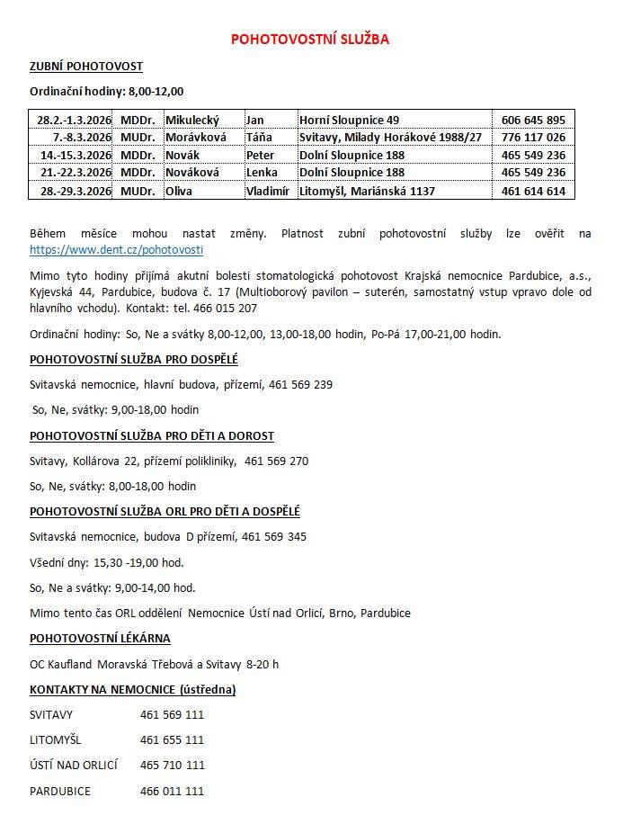 Pohotovostní služba, změny ordinační doby - březen 2026:   POHOTOVOST.doc ZMĚNY ORDINACÍ.doc