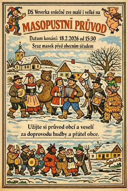 Masopustní veselí bude na Hostíni tuto středu 18.2.2026 v režii dětské skupinky Veverky.  Přidejte se k malým žáčkům na Masopustní průvod, také pro ně můžete připravit různé dobroty, až půjdou kolem Vašeho domu. Průvod začne u Obecního úřadu od 15:30. Těšíme se na vás!