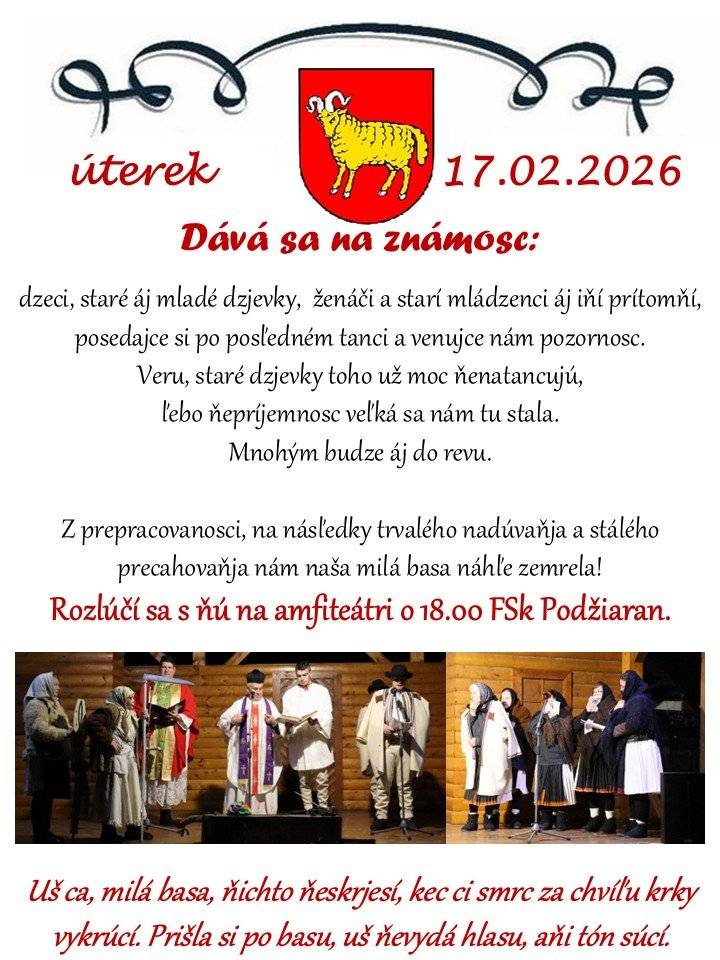 V utorok 17.2.2026 o 18.00 sa v amfiteátri uskutoční pochovávanie basy. Všetci ste srdečne vítaní