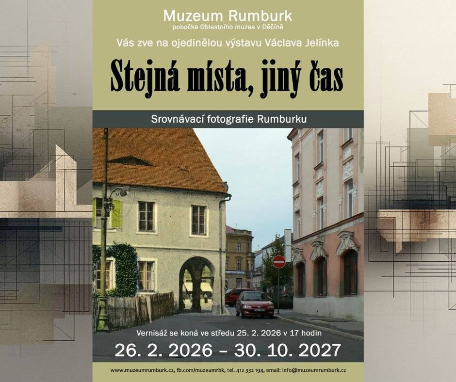 si Vás dovoluje srdečně pozvat na výstavu srovnávacích fotografií města Rumburku - Stejná místa, jiný čas, jejímž autorem je amatérský fotograf a místní patriot Václav Jelínek.   Výstava představuje jedinečný pohled na proměny města v čase prostřednictvím historických a současných fotografií stejných míst. Návštěvníci budou mít možnost porovnat minulost se současností, ocenit jedinečnost jednotlivých záběrů a připomenout si atmosféru dávných dob.   Termín konání výstavy: 26. února 2026 – 30. října 2027   Vernisáž výstavy: středa 25. února 2026 od 17.00 hodin   Přijďte se společně s námi ohlédnout do minulosti a objevit, jak se známá místa mění v čase.   Těšíme se na Vaši návštěvu.