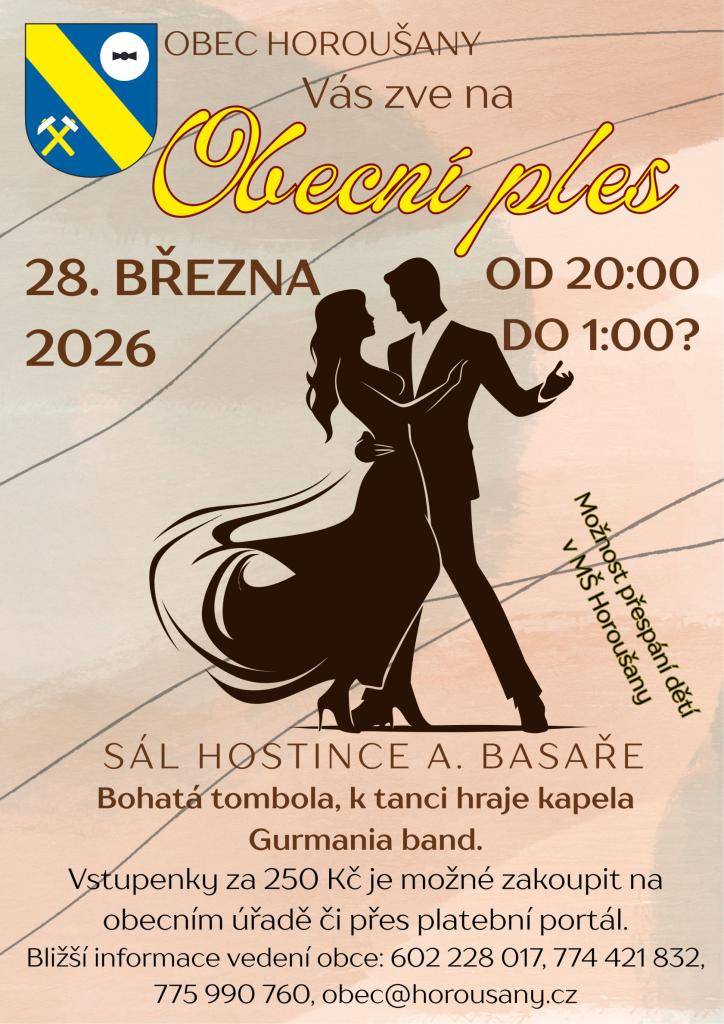 Obec Horoušany vás zve na OBECNÍ PLES 28. března 2026 od 20 hodin v sále hostince A. Basaře