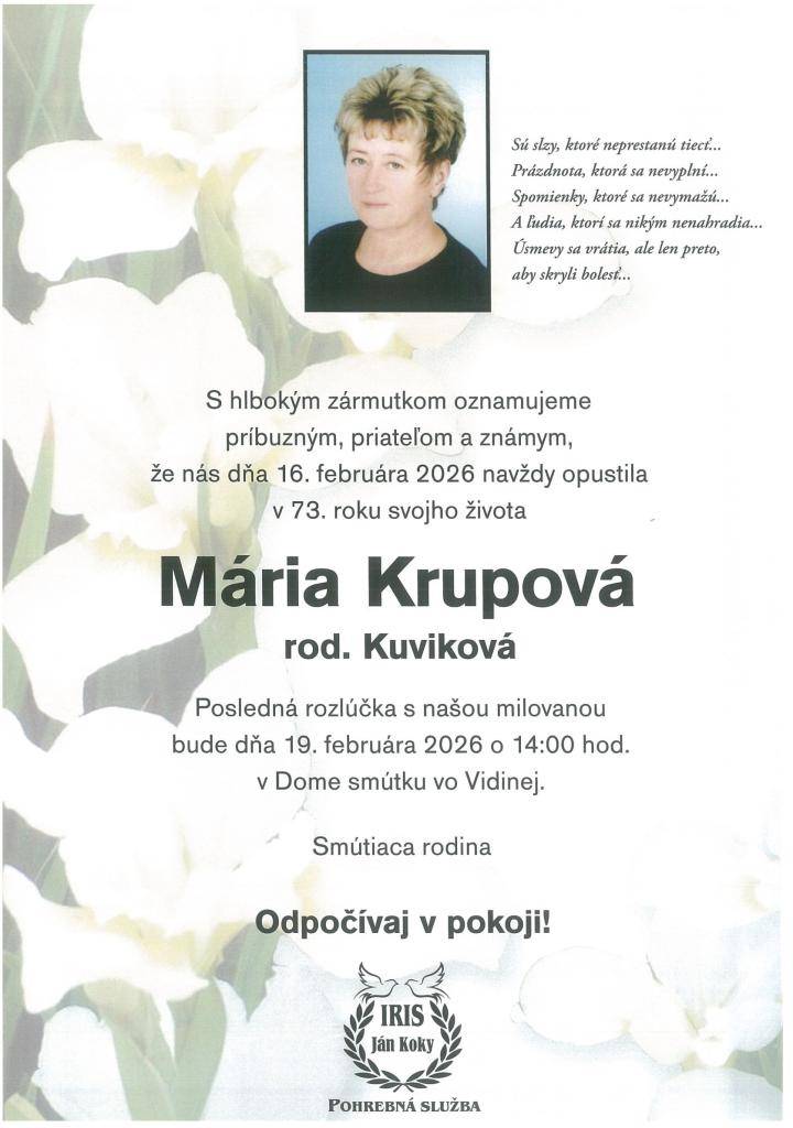 pani Mária Krupová, rod. Kuviková