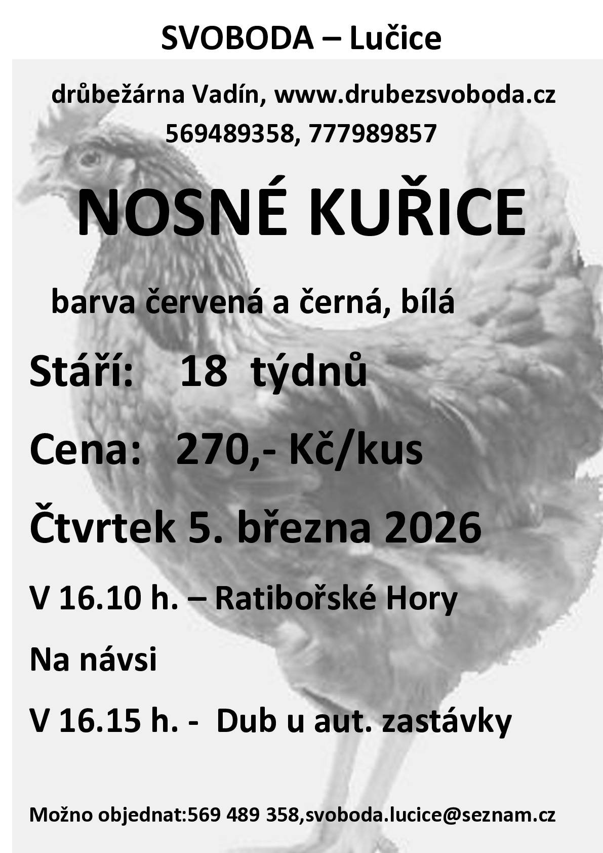 Firma Svoboda Lučice bude prodávat ve čtvrtek 5. března 2026 nosné kuřice v barvě červená, černá, bílá. od 16:10 hod. na návsi v Ratibořských Horách od 16:15 hod. v Dubu u autobusové zastávky  Stáří kuřic: 18 týdnů cena: 270,-Kč/kus Objednání je možné na tel.: 569 489 358, 777 989 857 nebo e-mailem: svoboda.lucice@seznam.cz