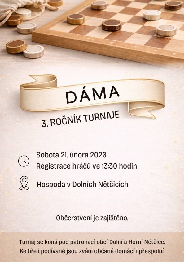 Oznamujeme, že v sobotu 21.února od 13:30 hodin proběhne turnaj v dámě v hospodě v Dolních Nětčicích . Hraje se v kategoriích děti a dospělí. Je možné dojít i jenom v módu "čumila", ale je zakázáno hráčům radit v průběhu hry.