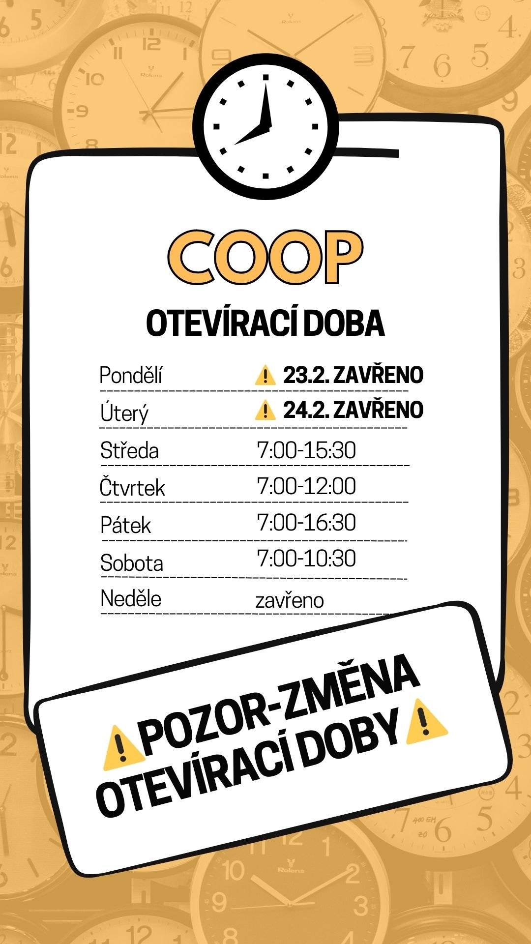 Ve pondělí 23.2. a v úterý 24.2. bude prodejna COOP Jednota, pobočka Milovice uzavřena.