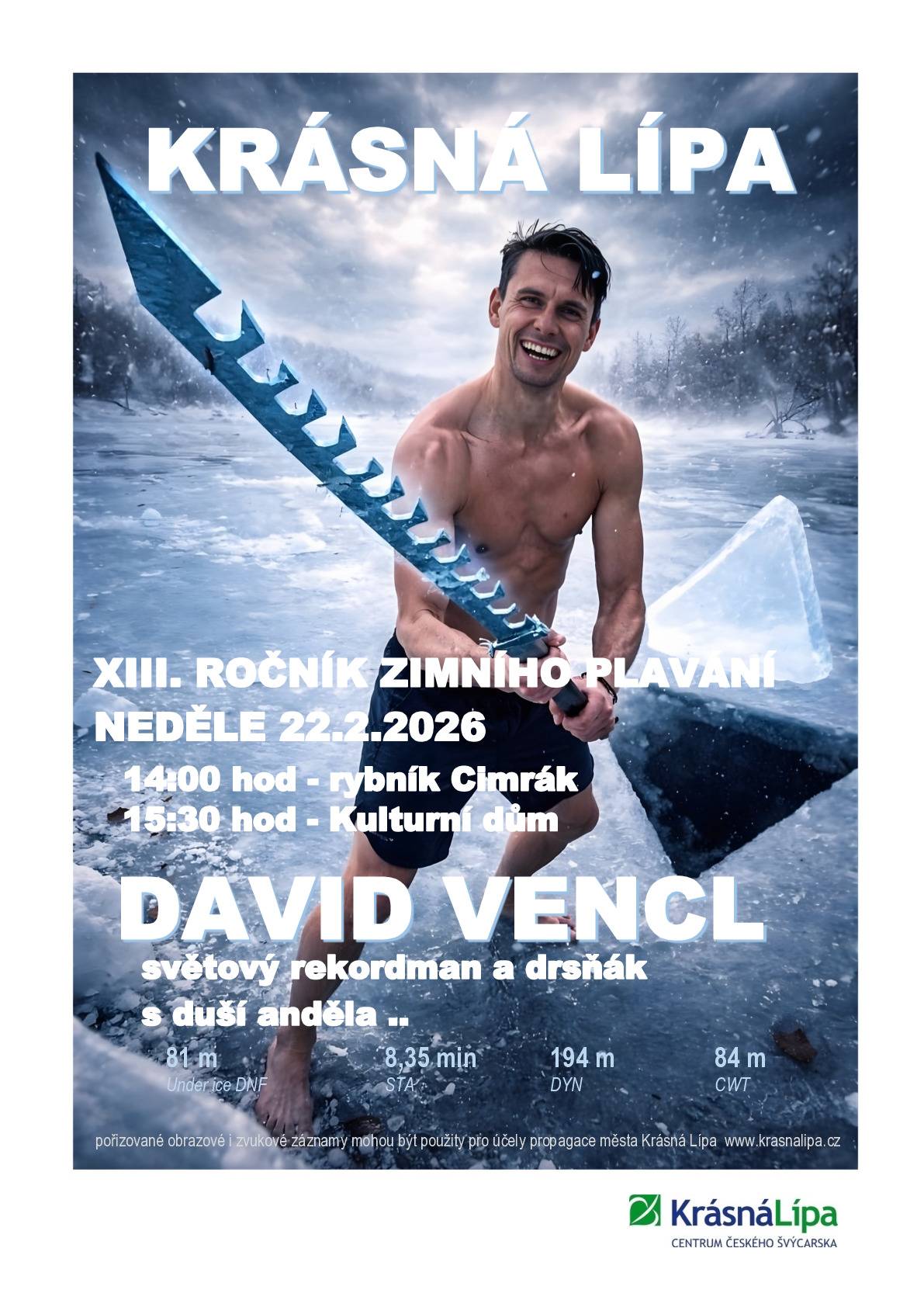 XIII. ročník otužilecké plovárny se blíží. Už tuto neděli 22. 2. 2026. Zanoření začne ve 14 hodin na Cimráku a pak se můžete těšit na úžasný příběh Davida Vencla od 15:30 hodin v kulturním domě.