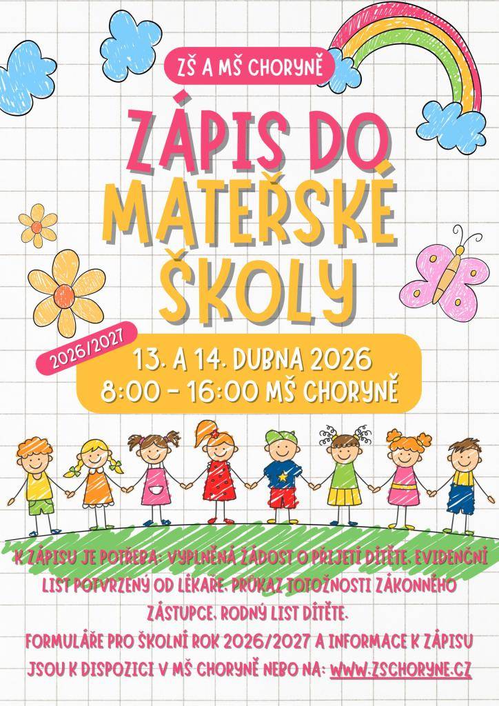Zápis do mateřské školy se uskuteční v termínu 13.-14.4.2026. Formuláře (žádost o přijetí a evidenční list pro potvrzení lékařem) si můžete vyzvednout v MŠ nebo vytisknout.