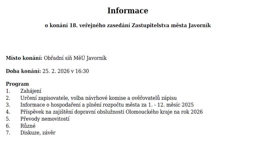 Místo konání: Obřadní síň MěÚ Javorník.