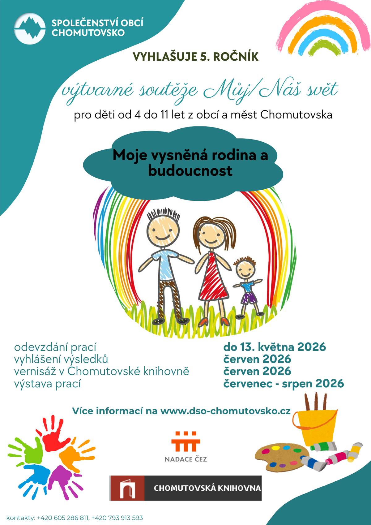 🎨 Výtvarná soutěž „Můj/Náš svět“ – Moje vysněná rodina a budoucnost 👨👩👧👦🌈 Společenství obcí Chomutovsko vyhlašuje již 5. ročník oblíbené výtvarné soutěže pro děti ve věku 4–11 let z obcí a měst Chomutovska. Letošním tématem je „Moje vysněná rodina a budoucnost“ – jak děti vidí svůj domov, své blízké a svět, ve kterém by chtěly jednou žít. Nechte děti popustit uzdu fantazii a vyjádřit své sny barvami, pastelkami či štětcem. Každý obrázek je jedinečný pohled na svět očima dětí. 💛 Soutěž se koná za podpory Nadace ČEZ. Více informací a podrobnosti k přihlášení najdete na: www.dso-chomutovsko.cz Těšíme se na všechny krásné obrázky a dětské sny o budoucnosti! 🌟