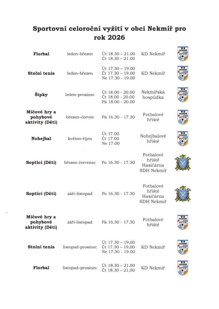 Pravidelné sportovní vyžití v roce 2026 v obci Nekmíř.
