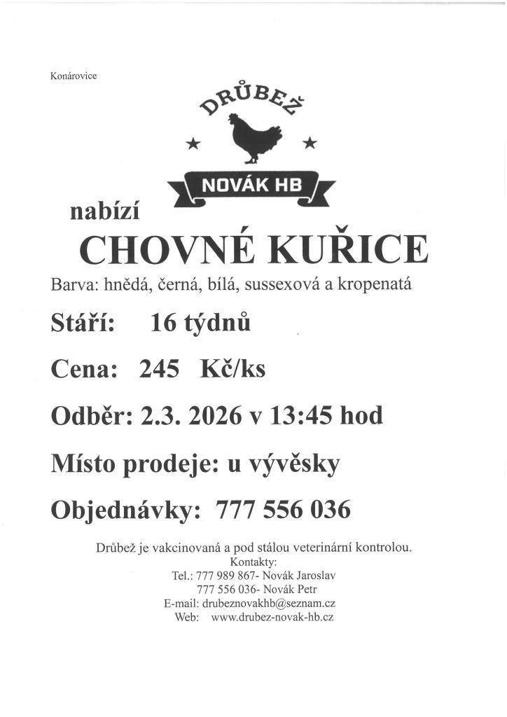 Novák HP přijede prodávat chovné kuřice 2.3.2026 ve 13:45 hod.,barva: hnědá, černá, bílá a kropenatá,stáří 16.týdnů, cena 245,-Kč/ks. Tel.č.777 556 036.