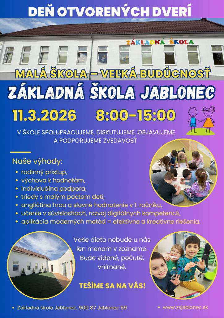 Pozývame Vás na DOD do našej základnej školy - 11. marec 2026 od 8:00 do 15:00 hodiny.
