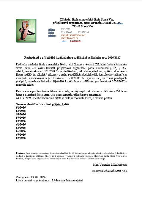 Děti uvedené pod těmito identifikačními čísly, se přijímají k základnímu vzdělávání v Základní škole a Mateřské škole Stará Ves, okres Bruntál, příspěvkové organizaci od 1. 9. 2026. Identifikační číslo dítěte je číslo rozhodnutí, které je zasláno poštou.