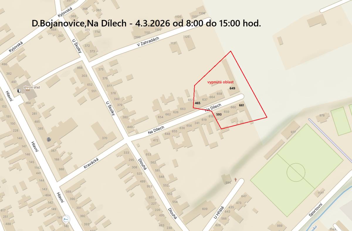 Z důvodu plánovaných prací na zařízení distribuční soustavy bude přerušena dodávka elektrické energie dne 4. 3. 2026 od 07:30 do 14:30 v ulicích Sportovní, Zelnice, Dlouhá od č.235 po č.797 a č.795 a  od 8:00 do 15:00 v ulici Na Dílech od č.465 a č.593 po č.649 a č.661.