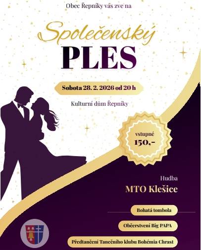 Obec Řepníky zve na Společenský ples 28. února 2026.
