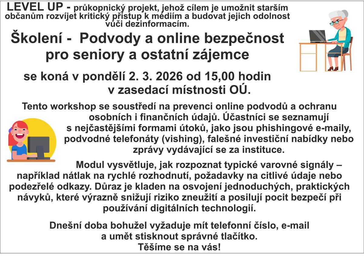 Pozvánka na bezplatné školení nejen pro seniory. Podrobnosti naleznete v příloze.