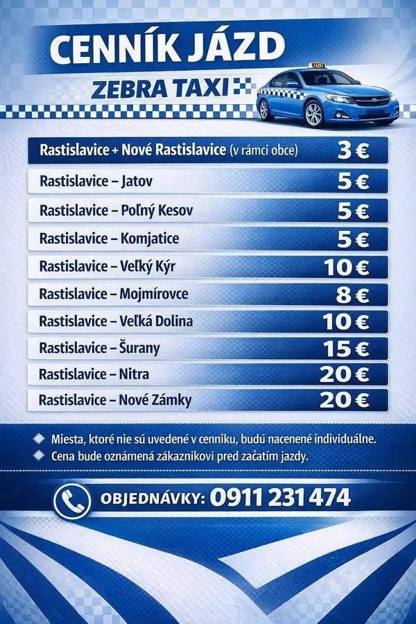 Ponuka TAXI služieb z Rastislavíc... Biele okienka vyznačujú v kalendári dni, počas ktorých jazdí taxi služba ZEBRA.