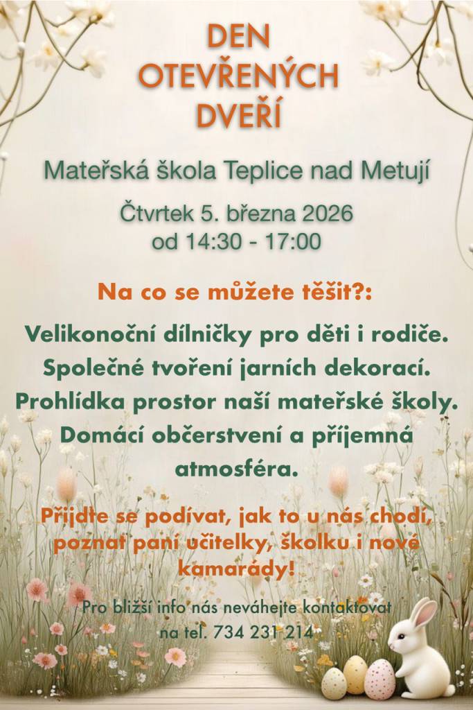 Mateřská škola Teplice nad Metují pořádá Den otevřených dveří, který se uskuteční ve čtvrtek 5. března 2026 od 14:30 do 17:00.