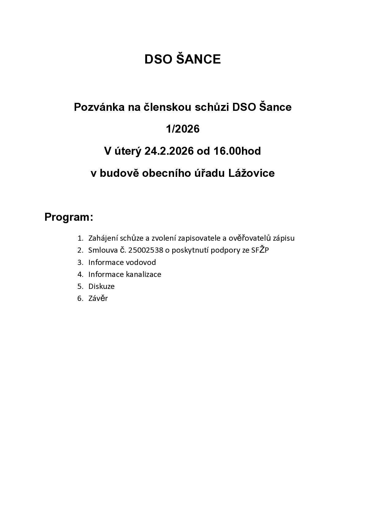Pozvánka na členskou schůzi DSO Šance