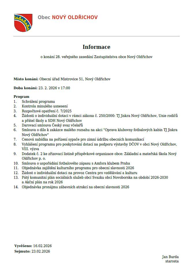 Zveme Vás na 28. zasedání zastupitelstva obce Nový Oldřichov dne 23.2.2026 v 17:00 v budově obecního úřadu.